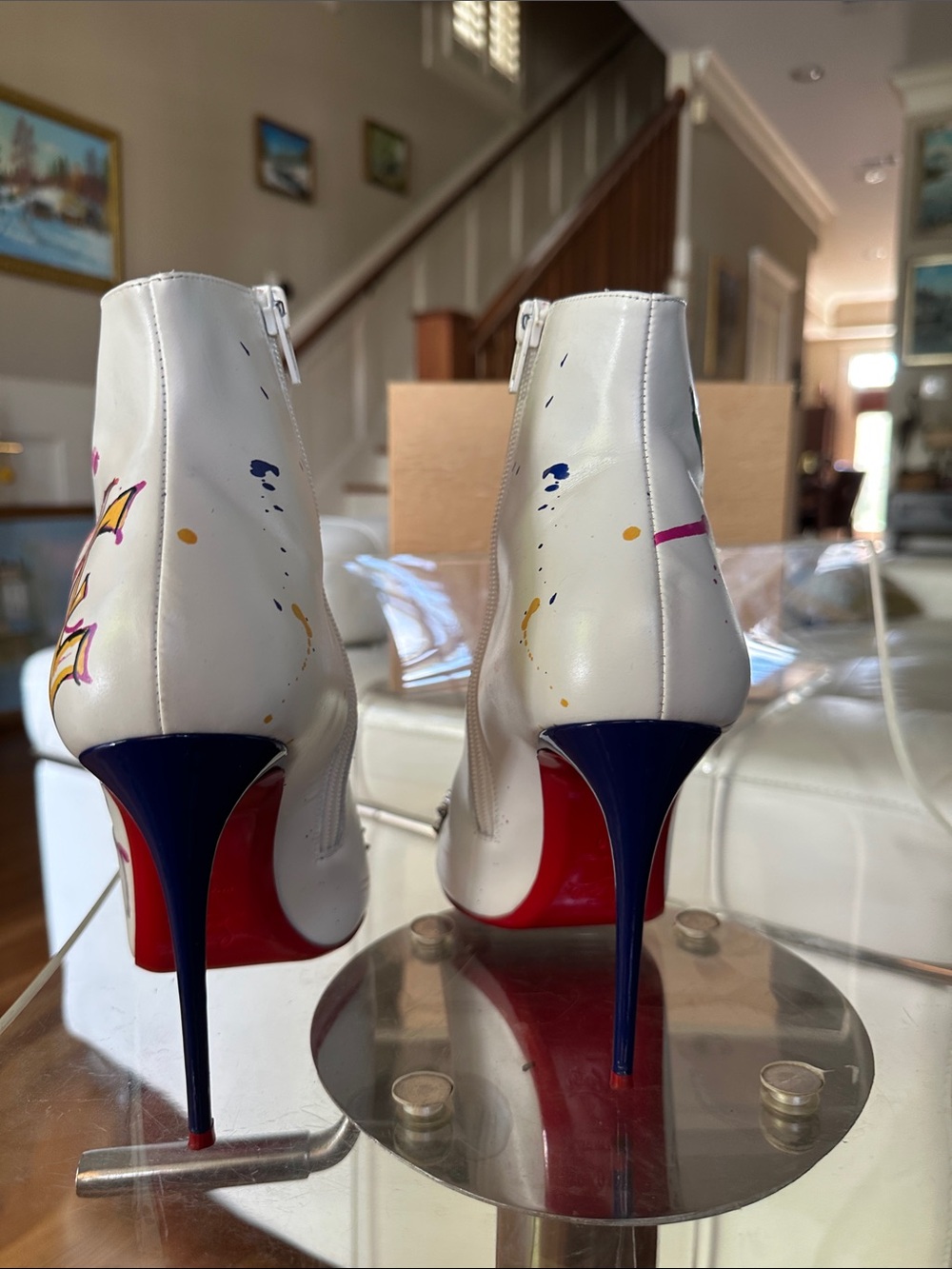 Christian Louboutin White Leather Hand-Painted Spike-Toe Ankle LOVE Boots - Picture 4 of 16